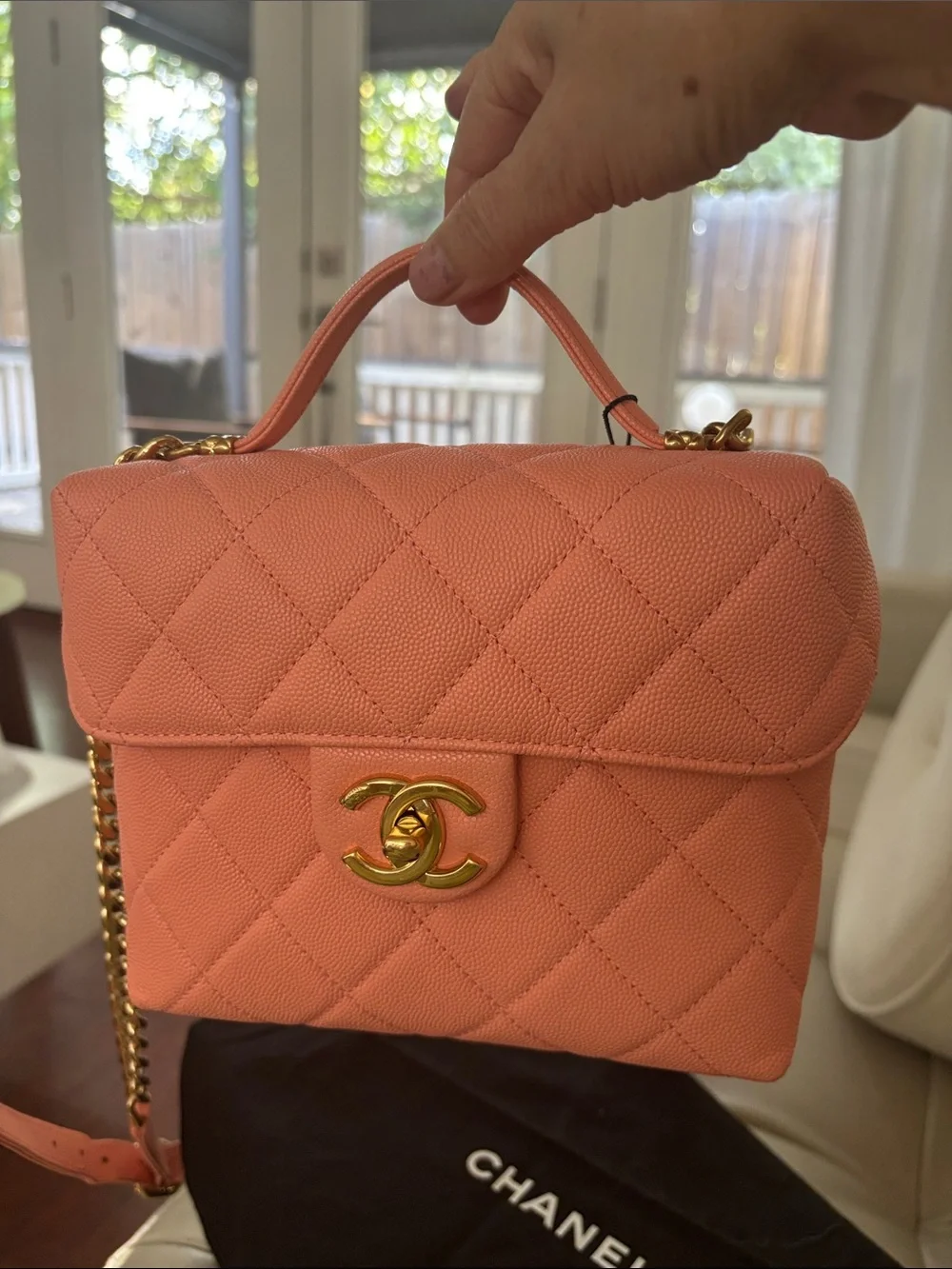 CHANEL Coral Pink Quilted Mini Top Handle Bag with Gold Hardware